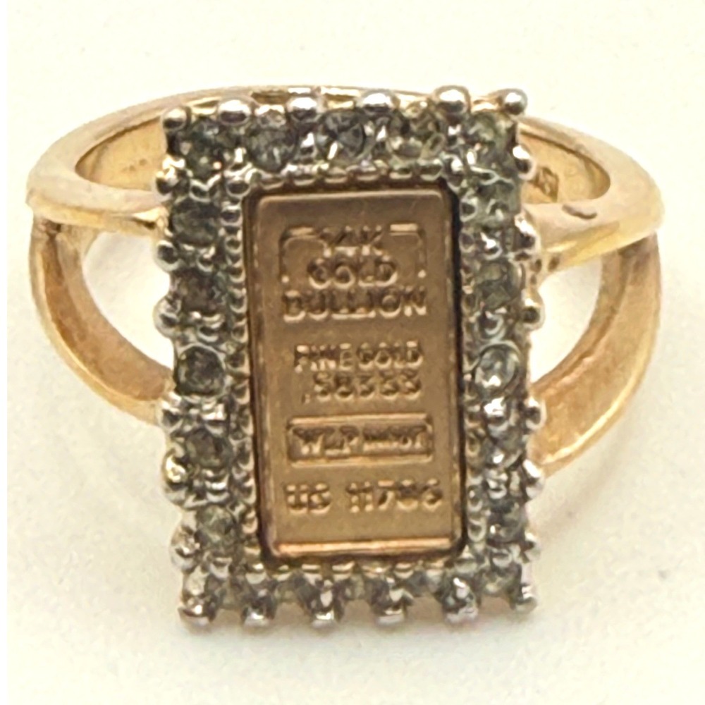 Gold Tone Faux 14K Gold Bullion Bar Statement Ring Split Shank Size 7